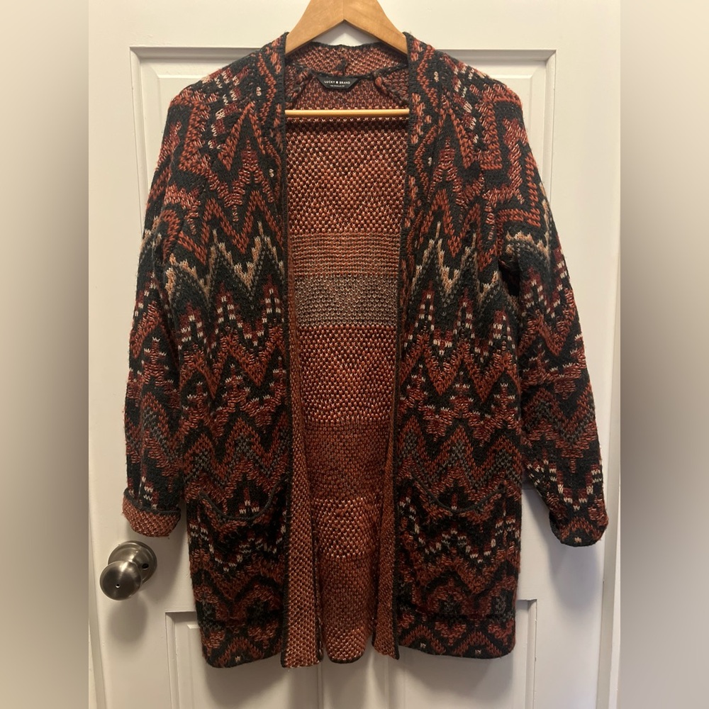 Lucky Brand Red, Brown, and Black Knit Sweater Cardigan
